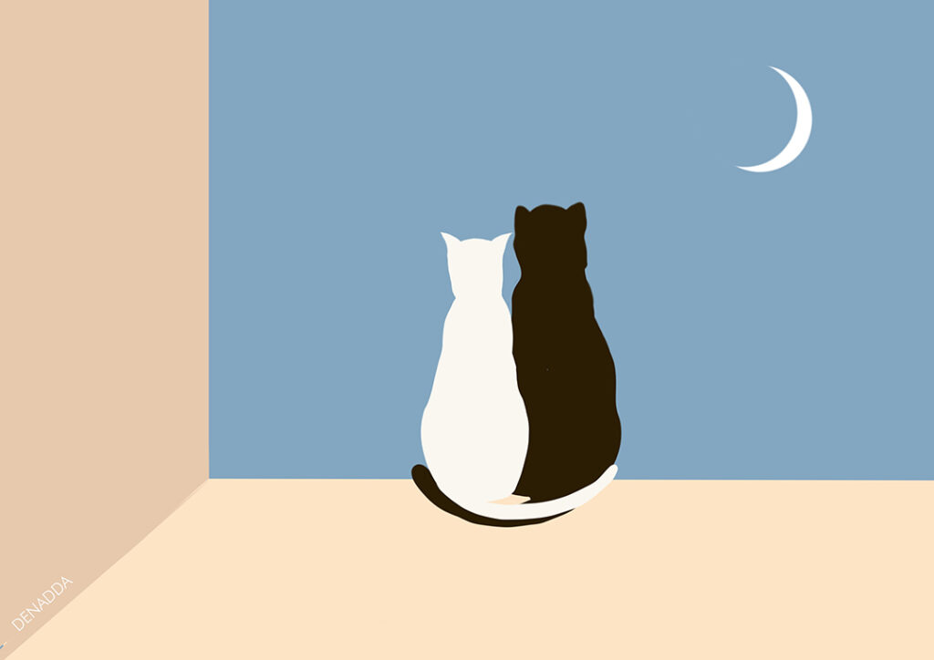 Une illustration minimaliste de DENADDA. Deux chats regardent la lune avant de s'endormir vers les portes du sommeil.