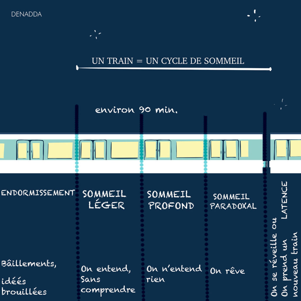 Qu'est-ce que le train du sommeil ? Illustration d'un train représentant les différentes phases du sommeil. Dessiné par Denadda.