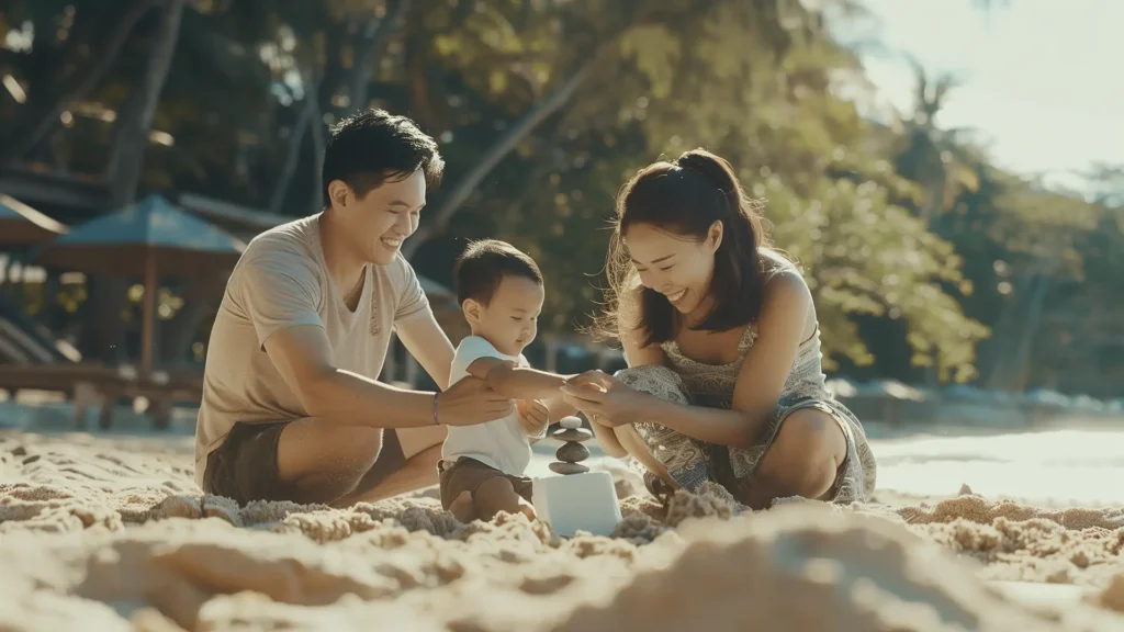 Une famille à la plage regarde son enfant développer sa confiance en soi en posant un caillou sur un cairns. Espace Zen